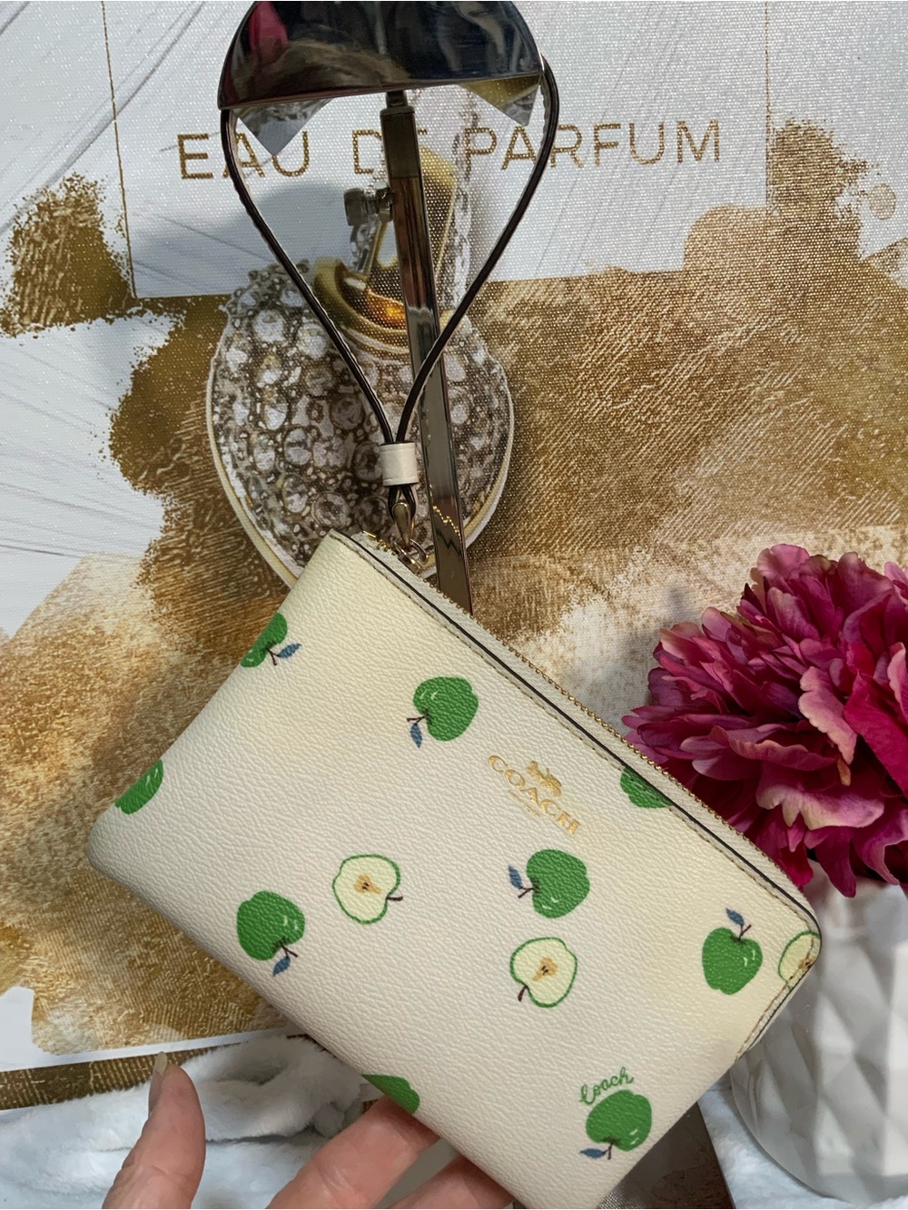 Coach Cream Wristlet with Green Apple Print
